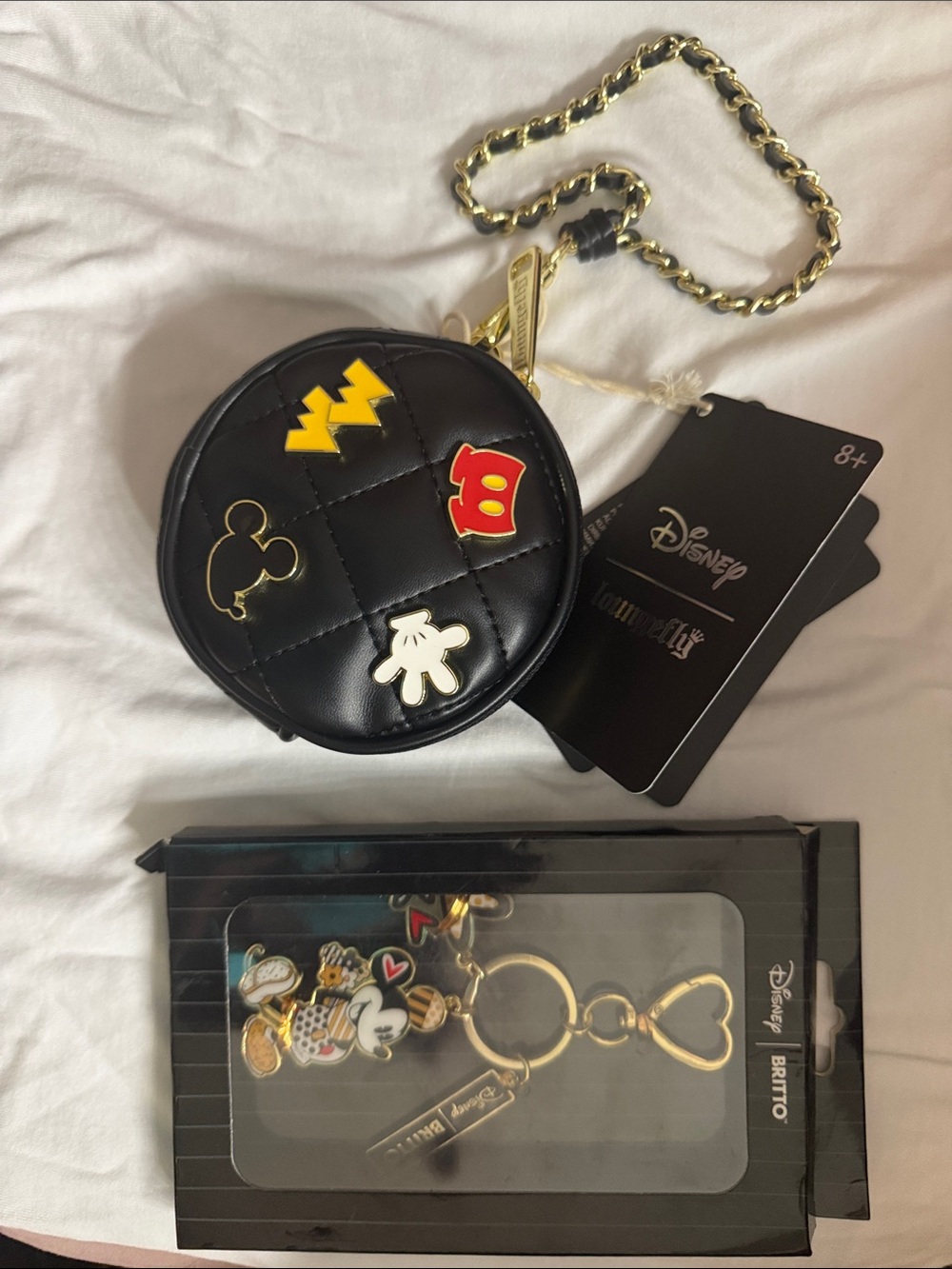 Disney Black Quilted Mickey Coin Pouch with Gold Chain &Icon Charms and keychain
